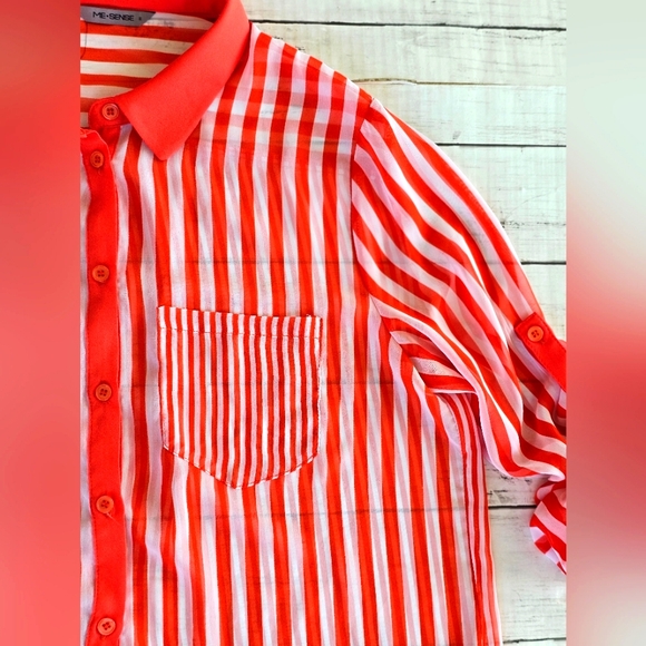 Me Sense Bright Orange & White Striped Collar Sheer Chiffon Button Up Blouse Top - Picture 6 of 11